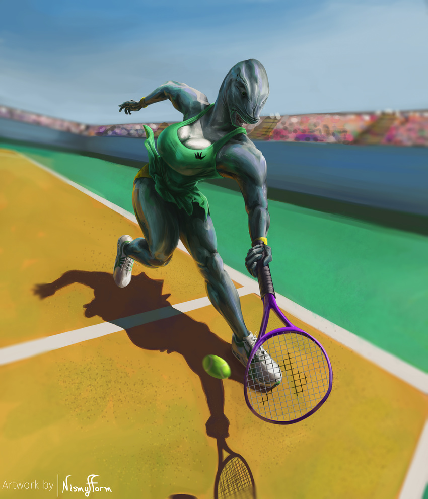 absurd_res anthro armpits ball big_breasts breasts cleavage clothed clothing female fish footwear hi_res marine nismyfform open_mouth outside playing_sport shadow shark sharp_teeth shoes shorts signature skirt solo_focus sweat teeth tennis tennis_ball tennis_court tennis_racket