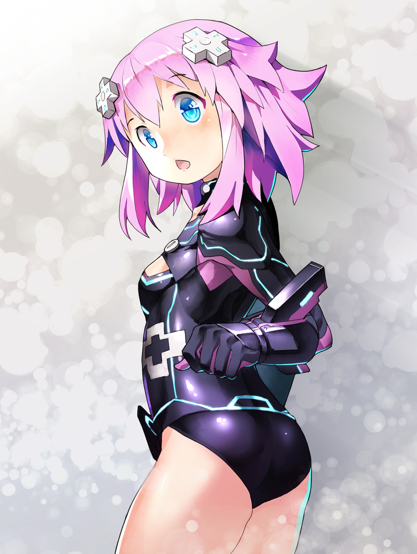 absurdres breasts cleavage cosplay d-pad d-pad_hair_ornament hair_ornament highres leotard looking_at_viewer looking_back neptune_(choujigen_game_neptune) neptune_(series) purple_eyes purple_heart purple_heart_(cosplay) segamark short_hair small_breasts solo