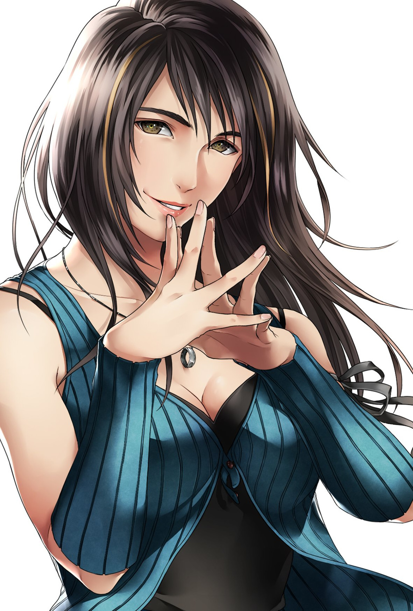 :d arm_ribbon arm_warmers bangs bare_shoulders black_ribbon black_shirt blue_jacket breasts brown_eyes brown_hair buttons cleavage collarbone final_fantasy final_fantasy_viii fingernails fingers_together hands_up highres hiromyan jacket jewelry lips long_hair looking_at_viewer medium_breasts nail_polish necklace nose open_mouth pink_lips pink_nails ribbon ring_necklace rinoa_heartilly shirt simple_background sleeveless sleeveless_duster sleeveless_jacket sleeveless_shirt smile solo teeth upper_body white_background