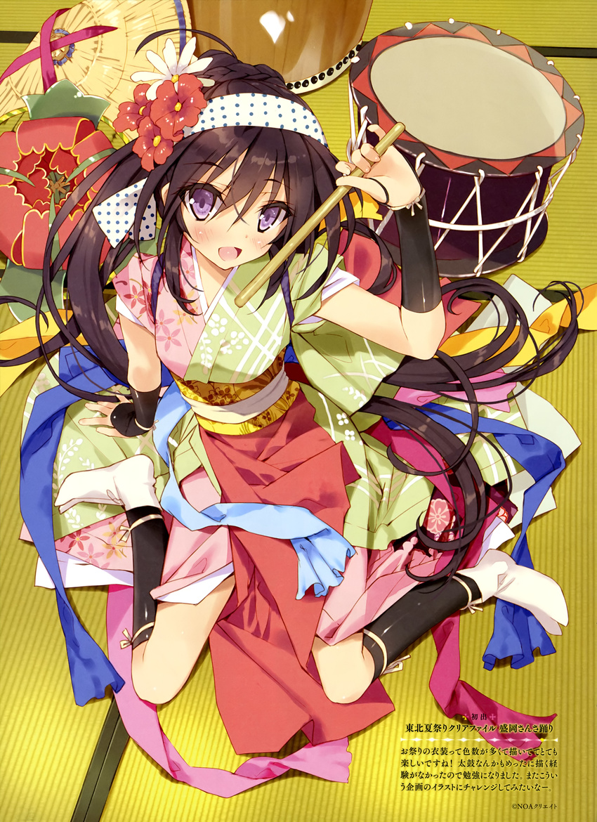 :d absurdres arm_support black_legwear blush detached_sleeves drum drumsticks flower from_above full_body hair_flower hair_ornament headband highres holding indoors instrument japanese_clothes kimono kneehighs looking_at_viewer looking_up open_mouth original polka_dot purple_eyes red_flower sitting smile solo taiko_drum tatami tsurusaki_takahiro wariza white_flower