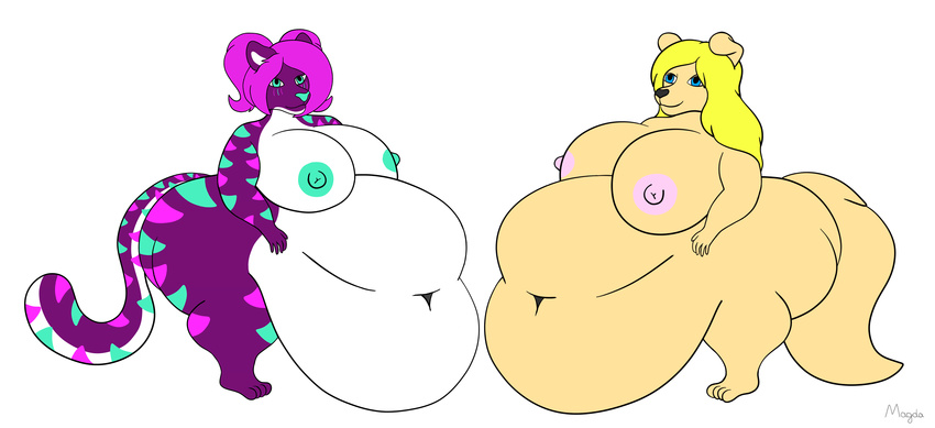 600kg 660kg anthro belly big_belly big_breasts blonde_hair breasts canine dickgirl dog feline female female/female hair huge_breasts hyper hyper_belly hyper_obese intersex laura mammal nipples nude obese overweight romantic_couple sandra tiger wide_hips