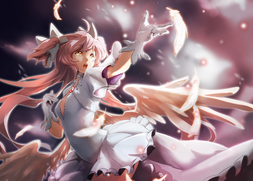 1girl :o breasts cowboy_shot dress eyebrows_visible_through_hair feathered_wings feathers floating_hair frilled_dress frills gloves hair_ribbon kaname_madoka long_hair looking_away mahou_shoujo_madoka_magica open_mouth outstretched_hand pink_hair ribbon shaded_face small_breasts solo sparkle twintails ultimate_madoka upper_body upper_teeth very_long_hair white_dress white_gloves white_ribbon wings yayilu yellow_eyes