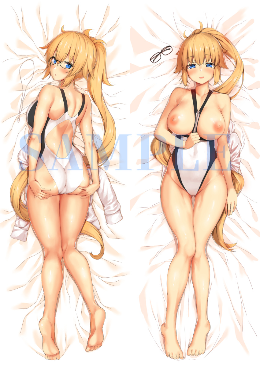 :o ass ass_grab backless_swimsuit barefoot blonde_hair blue_eyes blush body_mahattaya_ginga breasts breasts_outside collarbone commentary_request competition_swimsuit dakimakura eyewear_removed fate/grand_order fate_(series) glasses highres jacket jacket_removed jeanne_d'arc_(fate)_(all) jeanne_d'arc_(swimsuit_archer) jeanne_d'arc_(fate) jeanne_d'arc_(fate)_(all) jeanne_d'arc_(swimsuit_archer) large_breasts long_hair looking_at_viewer looking_back lying multiple_views nipples on_back on_stomach one-piece_swimsuit ponytail sample swimsuit very_long_hair whistle white_swimsuit