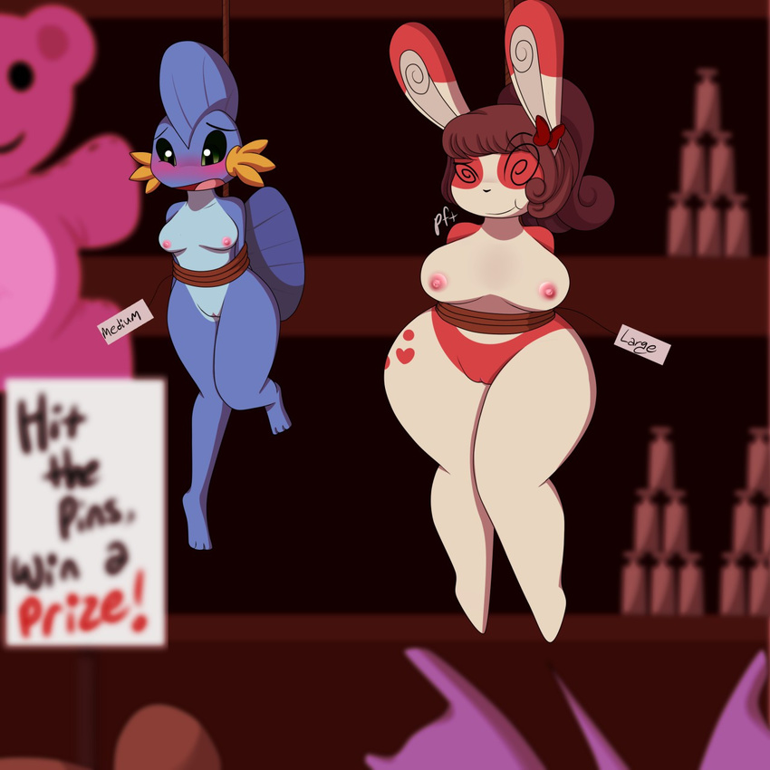 2016 black_sclera blush bound breasts brown_hair carnival curly_hair detailed_background duo embarrassed fan_character female fin fish green_eyes hair hair_bow hair_ribbon hanging_(disambiguation) hi_res leg_markings long_ears looking_away mammal marine markings mudkip nintendo nipples nude pok&eacute;mon ponytail puffed_cheeks pussy ribbons rope smile spinda spiral_eyes sweetlemondragon tag tail_fin thick_thighs video_games wide_hips