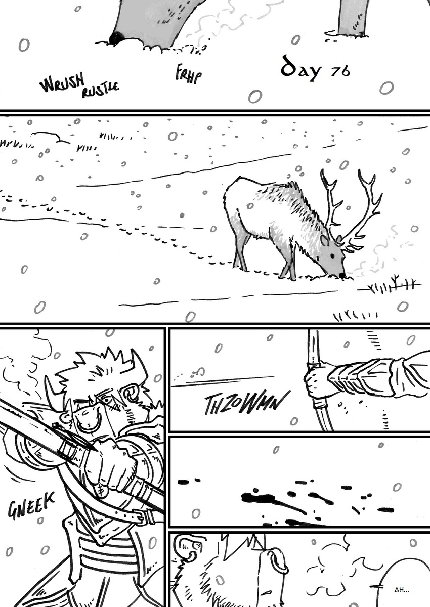 aiming_at_viewer armor arrow blood bovine bow_(weapon) cervine comic deer dialogue firing holding_object holding_weapon humanoid husky92 male mammal minotaur monochrome orc piercing ranged_weapon snow weapon