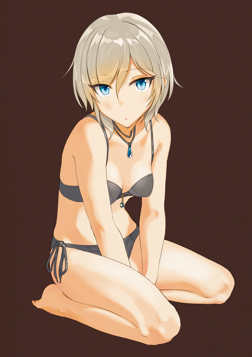 :o anastasia_(idolmaster) bare_arms bare_legs bare_shoulders barefoot between_legs black_bra black_panties black_ribbon blonde_hair blue_eyes bra breasts brown_background cleavage eyebrows_visible_through_hair full_body gem hand_between_legs highres idolmaster idolmaster_cinderella_girls jewelry kanamura_will necklace panties parted_lips pendant ribbon sapphire_(stone) short_hair side-tie_panties simple_background sitting small_breasts solo tsurime underwear underwear_only wariza