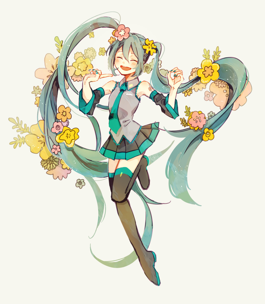 1girl :d ^_^ armpits arms_up bare_shoulders blue_hair blue_nails blue_neckwear closed_eyes detached_sleeves eyes_closed fingernails floating_hair flower full_body grey_background grey_shirt hair_flower hair_ornament happy hatsune_miku highres jumping leg_up long_hair nail_polish necktie open_mouth orange_flower pink_flower plant purple_flower shirt simple_background skirt sleeveless sleeveless_shirt smile solo standing standing_on_one_leg thighhighs twintails vocaloid yellow_flower