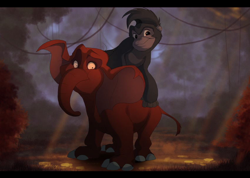 ape black_bars black_fur day detailed_background duo elephant fur gorilla kitchiki male mammal outside primate smile standing tantor terk