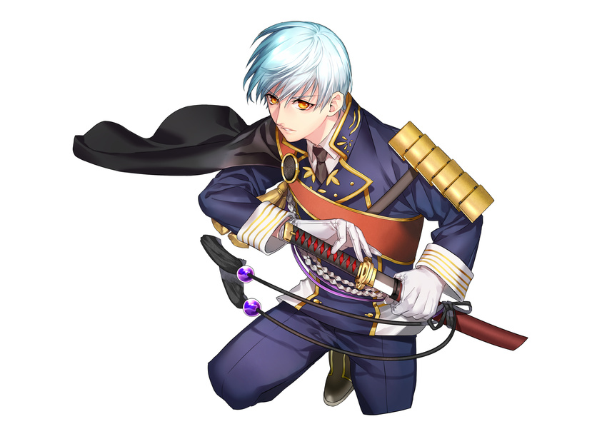 aqua_hair armor cape commentary_request gloves gold_trim highres hokora_(n70) ichigo_hitofuri japanese_armor katana male_focus military military_uniform necktie parted_lips sheath shoulder_armor sode solo sword touken_ranbu uniform unsheathing weapon white_gloves yellow_eyes