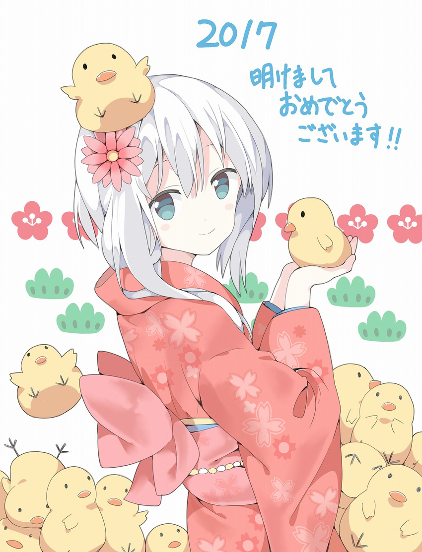 bird blue_eyes blue_hair blush duck duckling flower hair_flower hair_ornament highres japanese_clothes kimono original smile tantan_men_(dragon) translated