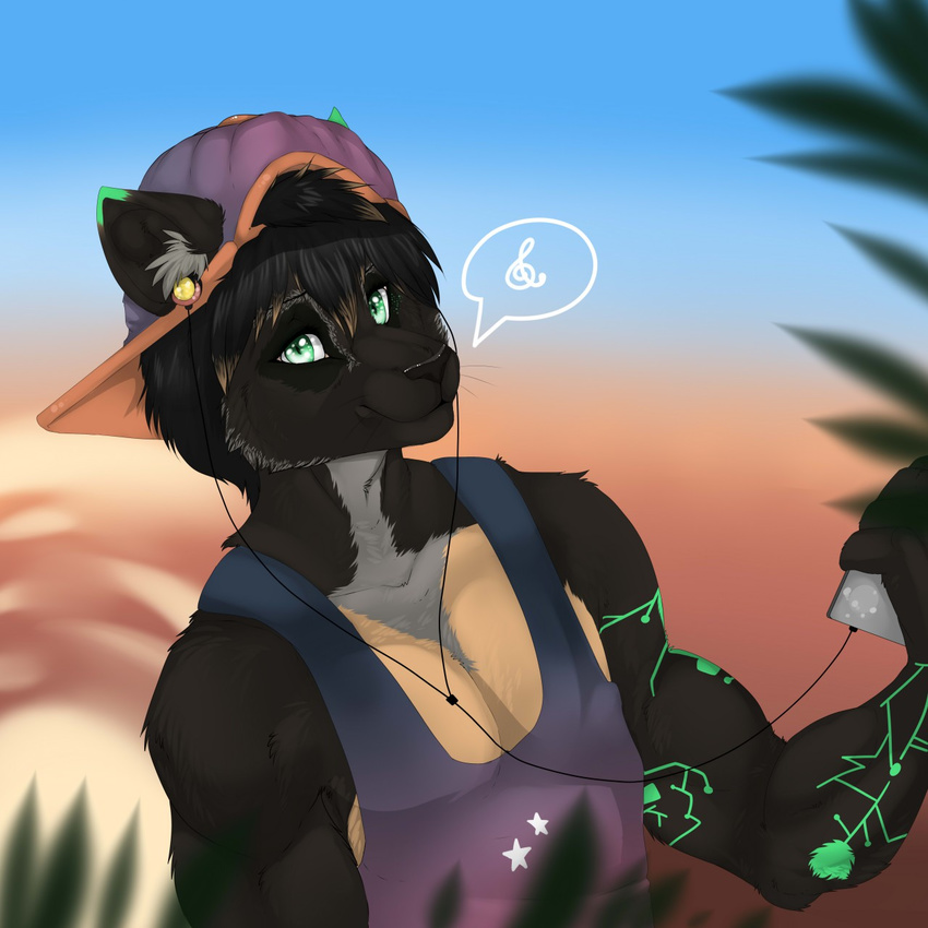 anthro clothed clothing feline hat headphones looking_at_viewer male mammal manikanika phone shirt smile solo tank_top