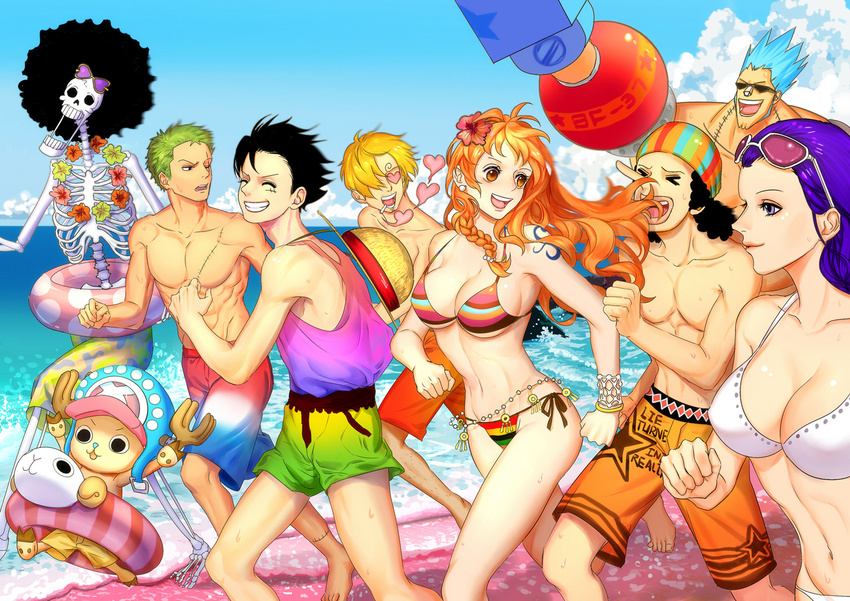 &gt;_&lt; 6+boys :d ^_^ afro anri_(110804) bare_arms bare_shoulders beach beanie bikini black_hair blonde_hair blue_hair blue_sky braid breasts brook camisole cigarette cleavage clenched_hands closed_eyes cloud collarbone cyborg day eyewear_on_head feet_out_of_frame franky from_side gradient_clothes green_hair grin hair_over_one_eye happy hat heart heart_eyes horns innertube lips long_hair long_nose looking_afar looking_at_another male_swimwear medium_breasts monkey_d_luffy multiple_boys multiple_girls muscle nami_(one_piece) navel nico_robin ocean one_eye_closed one_piece open_mouth orange_eyes orange_hair outdoors prosthesis prosthetic_arm purple_eyes purple_hair roronoa_zoro running sanji scar scar_across_eye short_hair side-tie_bikini side_braid sideboob single_braid skeleton skull sky sleeveless smile spiked_hair stitches stomach straw_hat straw_hat_pirates sunglasses sweat swim_trunks swimsuit swimwear symbol-shaped_pupils tattoo toned tony_tony_chopper topless underboob usopp water white_bikini xd