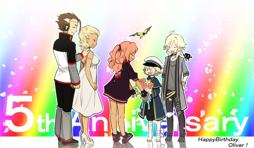 3boys anniversary bandage_over_one_eye bandages barefoot big_al bird blonde_hair bouquet brown_hair character_name company_connection cubi_(vocaloid) dark_skin dress earrings fingerless_gloves flower gloves half_updo happy_birthday hat high_heels highres jacket james_(vocaloid) jewelry long_hair mizuhoshi_taichi multiple_boys multiple_girls necklace oliver_(vocaloid) pink_hair ruby_(vocaloid) sailor_hat shoes short_hair smile sneakers stitches sweet_ann vocaloid white_dress yohioloid |_|