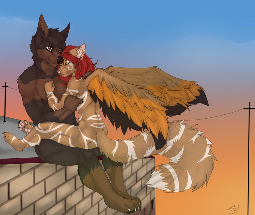 anthro canine duo feathered_wings feathers female fur hair hug male male/female mammal manikanika nude outside sitting smile wings