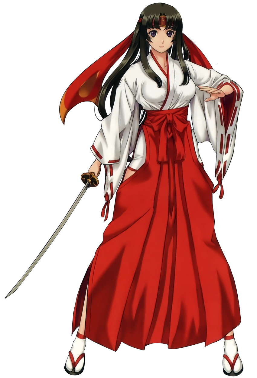 1girl black_hair brown_eyes brown_hair female headband holding holding_sword holding_weapon japanese_clothes long_hair long_sleeves looking_at_viewer low-tied_long_hair miko official_art queen's_blade sandals serious sheath solo sword tabi tied_hair tomoe transparent_background unsheathing very_long_hair weapon wide_sleeves