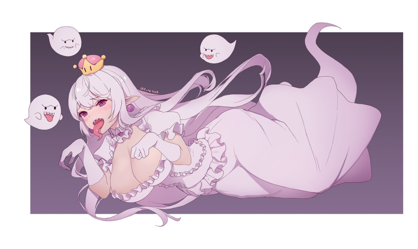 1girl absurdres bangs blush boo breasts chyo cleavage collar crown dress eyebrows_visible_through_hair floating frilled_collar frilled_dress frilled_gloves frills ghost_pose gloves highres large_breasts long_tongue luigi's_mansion mini_crown open_mouth princess_king_boo purple_eyes sharp_teeth super_crown teeth tilted_headwear tongue tongue_out white_dress white_gloves white_hair
