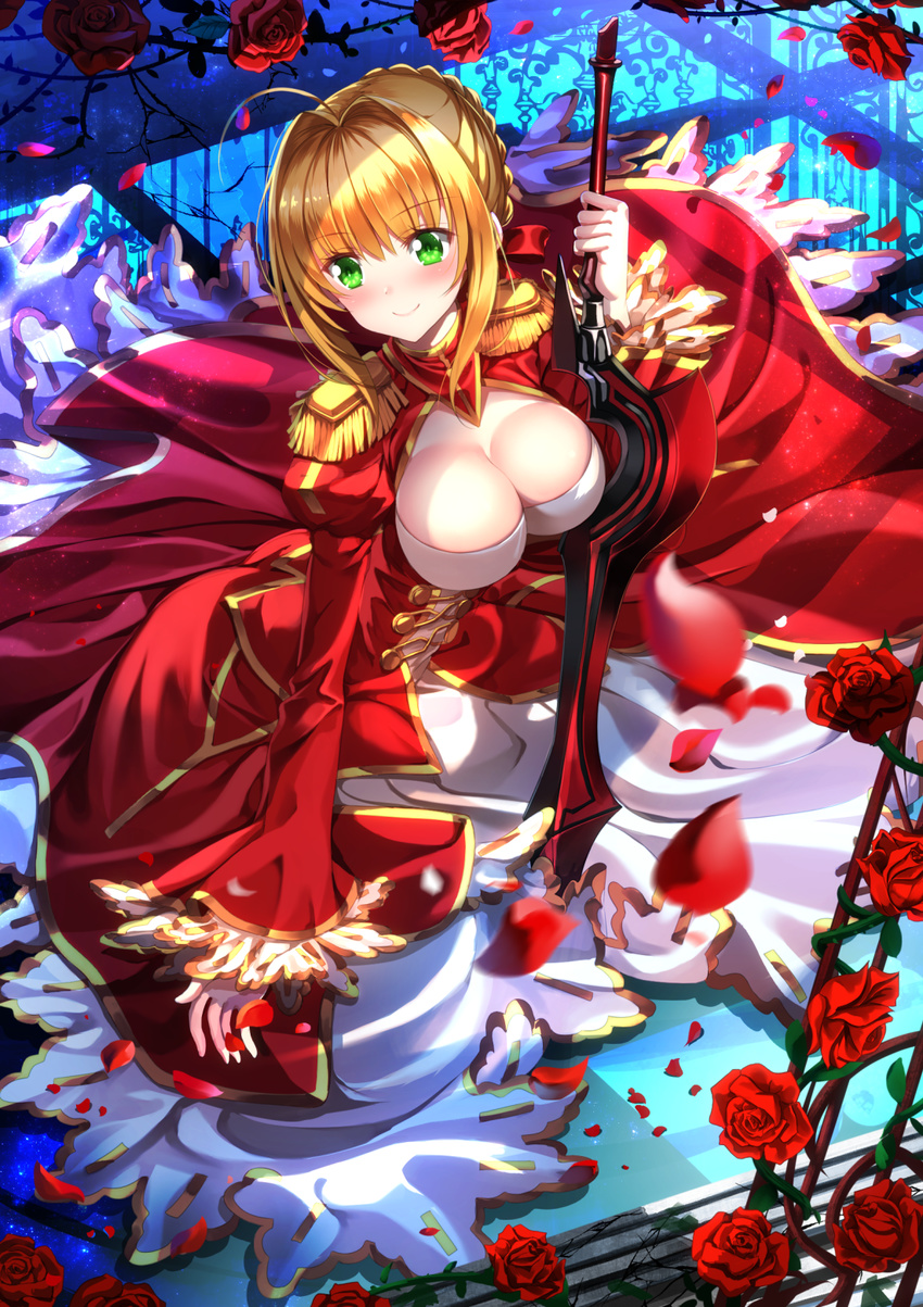 aestus_estus ahoge blonde_hair breasts cleavage dress epaulettes fate/extra fate_(series) flower green_eyes highres holding holding_sword holding_weapon large_breasts looking_down nero_claudius_(fate) nero_claudius_(fate)_(all) petals plant red_dress red_flower red_rose reflection reflective_floor rose short_hair smile solo sword swordsouls thorns vines weapon