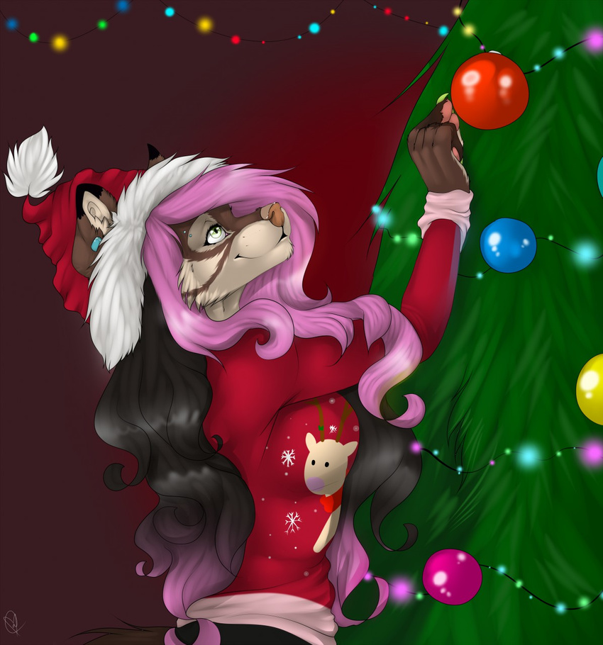 anthro canine christmas christmas_tree clothed clothing female fur hair hat holidays mammal manikanika santa_hat smile solo tree