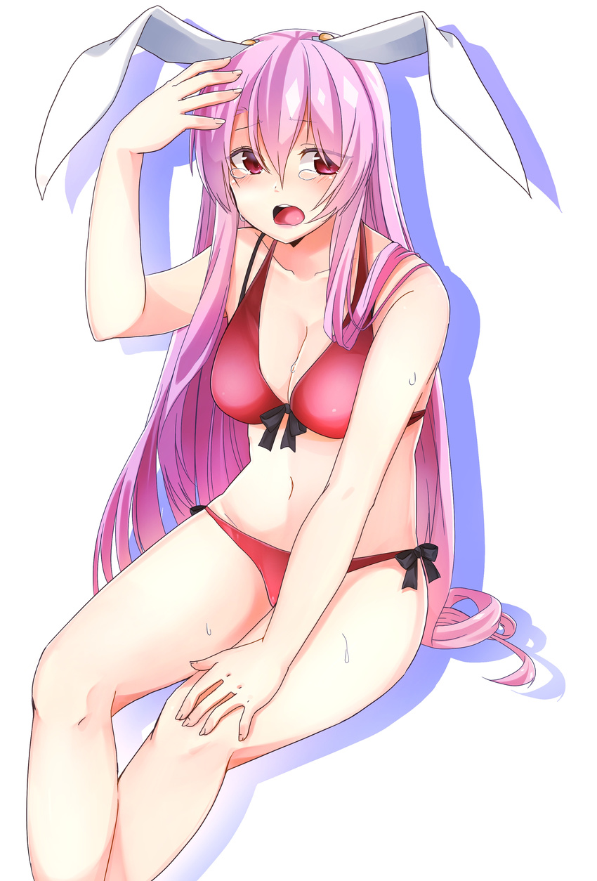 absurdres alternate_costume animal_ears bikini blush breasts bunny_ears cleavage commentary_request drop_shadow hair_between_eyes highres lavender_hair long_hair looking_at_viewer medium_breasts navel open_mouth red_bikini red_eyes reisen_udongein_inaba sidelocks solo stomach swimsuit tears touhou very_long_hair yukina_(masyumaro610)