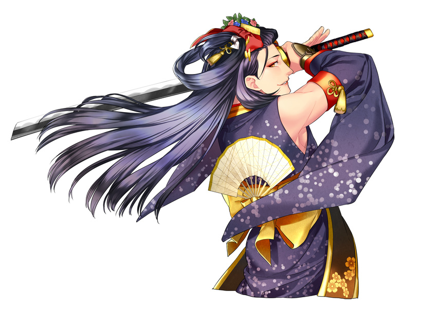 bare_shoulders black_hair bow comb commentary_request detached_sleeves fan flower flower_knot folding_fan from_behind gold_trim hair_bow hair_flower hair_ornament highres hokora_(n70) japanese_clothes jirou_tachi looking_back male_focus ootachi smile solo sword tassel touken_ranbu weapon yellow_eyes
