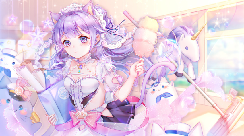 1girl absurdres alternate_costume animal animal_ear_fluff animal_ears apron azur_lane bag black_ribbon black_skirt blue_sky blush breasts cat cat_ears cat_girl cat_tail center_frills closed_mouth cloud cloudy_sky collarbone commentary_request curtains day duster enmaided fingernails frilled_apron frills hair_ribbon hand_up hat highres holding holding_duster indoors irisrey kemonomimi_mode long_hair maid meowficer_(azur_lane) paper_bag peaked_cap pleated_skirt puffy_short_sleeves puffy_sleeves purple_eyes purple_hair ribbon sailor_hat see-through see-through_sleeves short_sleeves skirt sky small_breasts smile star stuffed_animal stuffed_toy stuffed_unicorn tail tail_raised transparent unicorn_(azur_lane) very_long_hair waist_apron white_apron white_hat window