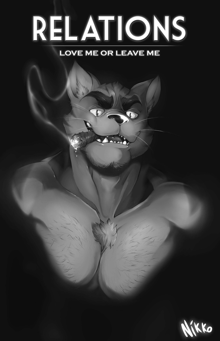 2017 anthro black_background black_nose body_hair captain_nikko cat chest_tuft cigarette comic feline fur hi_res jack_(captain_nikko) looking_at_viewer male mammal monochrome naughty_face navel open_mouth overweight overweight_male partially_retracted_foreskin penis pinup pose pubes signature simple_background smile smoking solo standing stare teeth tongue tuft uncut