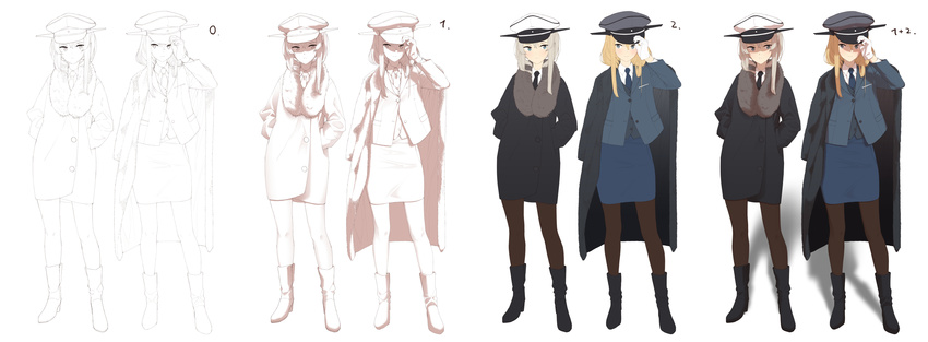 adjusting_clothes adjusting_hat ankle_boots arm_up bangs bismarck_(kantai_collection) black_footwear black_legwear black_neckwear blazer blonde_hair blue_eyes blue_jacket blue_neckwear blue_skirt boots buttons closed_mouth coat collared_shirt commentary_request eye_contact flat_color formal frown full_body fur-trimmed_coat fur_coat fur_trim gloves graf_zeppelin_(kantai_collection) grey_hat hair_between_eyes hair_over_shoulder hands_in_pockets hat high_heel_boots high_heels highres how_to jacket jacket_on_shoulders kantai_collection legs lineart long_sleeves looking_at_another looking_to_the_side military military_uniform multiple_girls naval_uniform necktie open_clothes open_coat pantyhose partially_colored peaked_cap pencil_skirt shade shadow shirt sidelocks silver_hair simple_background skirt skirt_set smile taut_skirt touyama_eight twintails uniform vest white_background white_gloves white_hat white_shirt wing_collar winter_clothes winter_coat work_in_progress