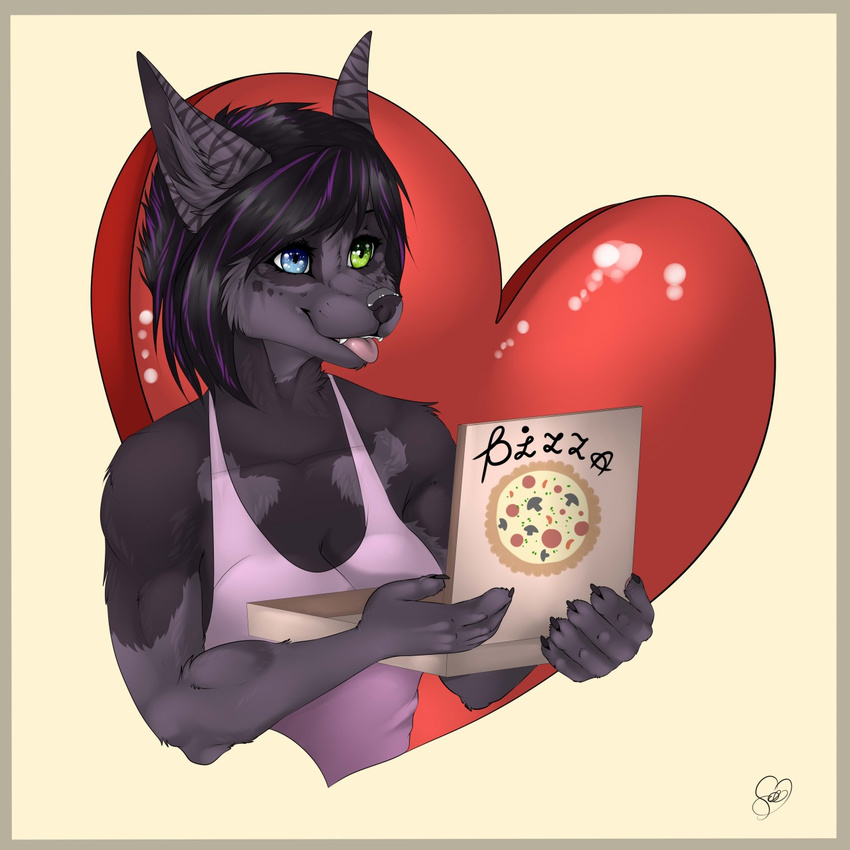 &lt;3 anthro canine clothed clothing female food fur hair heterochromia mammal manikanika pizza smile solo tongue tongue_out