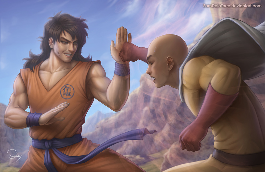 bald black_hair blocking brown_eyes cape dragon_ball dragon_ball_z male_focus mountain multiple_boys one-punch_man punching saitama_(one-punch_man) sam_delatore scar smile surprised yamcha