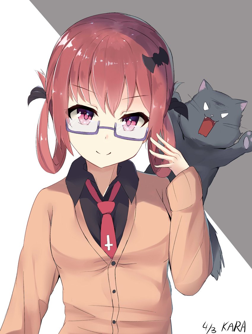 &gt;:) animal artist_name bat_hair_ornament bespectacled black_shirt cardigan cat closed_mouth collared_shirt cross_print dated eyebrows_visible_through_hair gabriel_dropout glasses hair_ornament hair_rings hand_up head_tilt highres kara_(color1087) kurumizawa_satanichia_mcdowell necktie number purple-framed_eyewear purple_eyes red_hair red_neckwear school_uniform semi-rimless_eyewear shirt signature smile smug solo under-rim_eyewear upper_body v-shaped_eyebrows