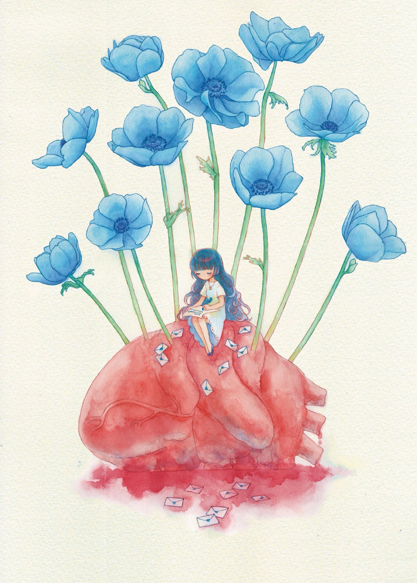 aineiro anemone_(flower) beige_background blood blue_flower blue_hair closed_eyes commentary_request dress flower heart_(organ) highres jewelry letter long_hair moon_(ornament) necklace original sitting solo traditional_media watercolor_(medium) writing