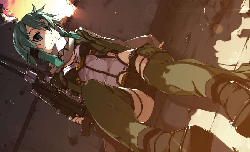 1girl anti-materiel_rifle aqua_eyes aqua_hair black_gloves black_shorts breasts closed_mouth commentary_request dutch_angle evening eyebrows_visible_through_hair fingerless_gloves gloves green_jacket gun hair_between_eyes hair_ornament hairclip highres jacket long_sleeves medium_breasts pgm_hecate_ii rifle scarf shikei shiny shiny_hair short_hair short_hair_with_long_locks short_shorts shorts sinon sitting sniper_rifle solo sword_art_online thighhighs weapon