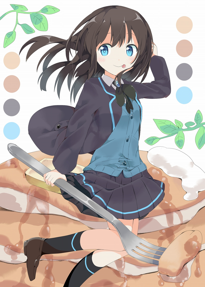 :p black_hair black_skirt blue_eyes butter cardigan food fork hand_on_head highres loafers long_hair long_sleeves original pancake school_uniform shoes skirt solo sweater syrup tantan_men_(dragon) tongue tongue_out