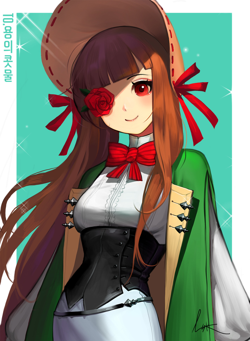 1girl artist_name bangs bonnet brown_hair coat corset flower flower_eyepatch hat highres long_hair lsr neck_ribbon original red_eyes ribbon rose signature solo sparkle upper_body