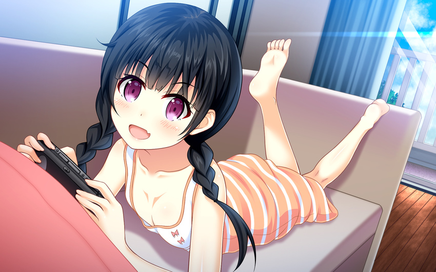 barefoot black_hair blush fang feet flat_chest fuyu_urara handheld_game_console highres legs_up long_hair looking_at_viewer lying momohara_natsuki on_stomach one_room open_mouth playing_games playstation_vita purple_eyes smile soles solo the_pose toes twintails