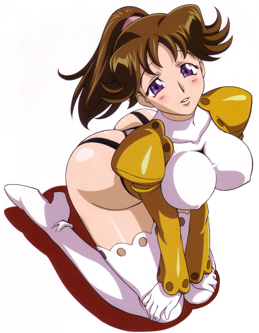 00s 1girl ass bare_legs blush bodysuit boots breasts brown_hair erect_nipples female gloves huge_ass kimura_takahiro large_breasts leaning_forward long_hair long_sleeves looking_at_viewer momozono_momoko no_bra official_art ponytail purple_eyes scan shinkon_gattai_godannar!! sitting skin_tight smile solo thigh_boots thighhighs thong_leotard