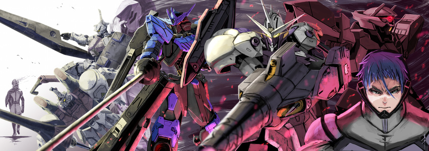 blue_hair closed_mouth commentary gaelio_bauduin glowing glowing_eyes graze_ein grey_eyes gundam gundam_kimaris gundam_kimaris_trooper gundam_kimaris_vidar gundam_tekketsu_no_orphans gundam_vidar highres holding holding_weapon lance mask mecha polearm rapier scar science_fiction shinpei_(paypay) solo spoilers sword thrusters vidar weapon