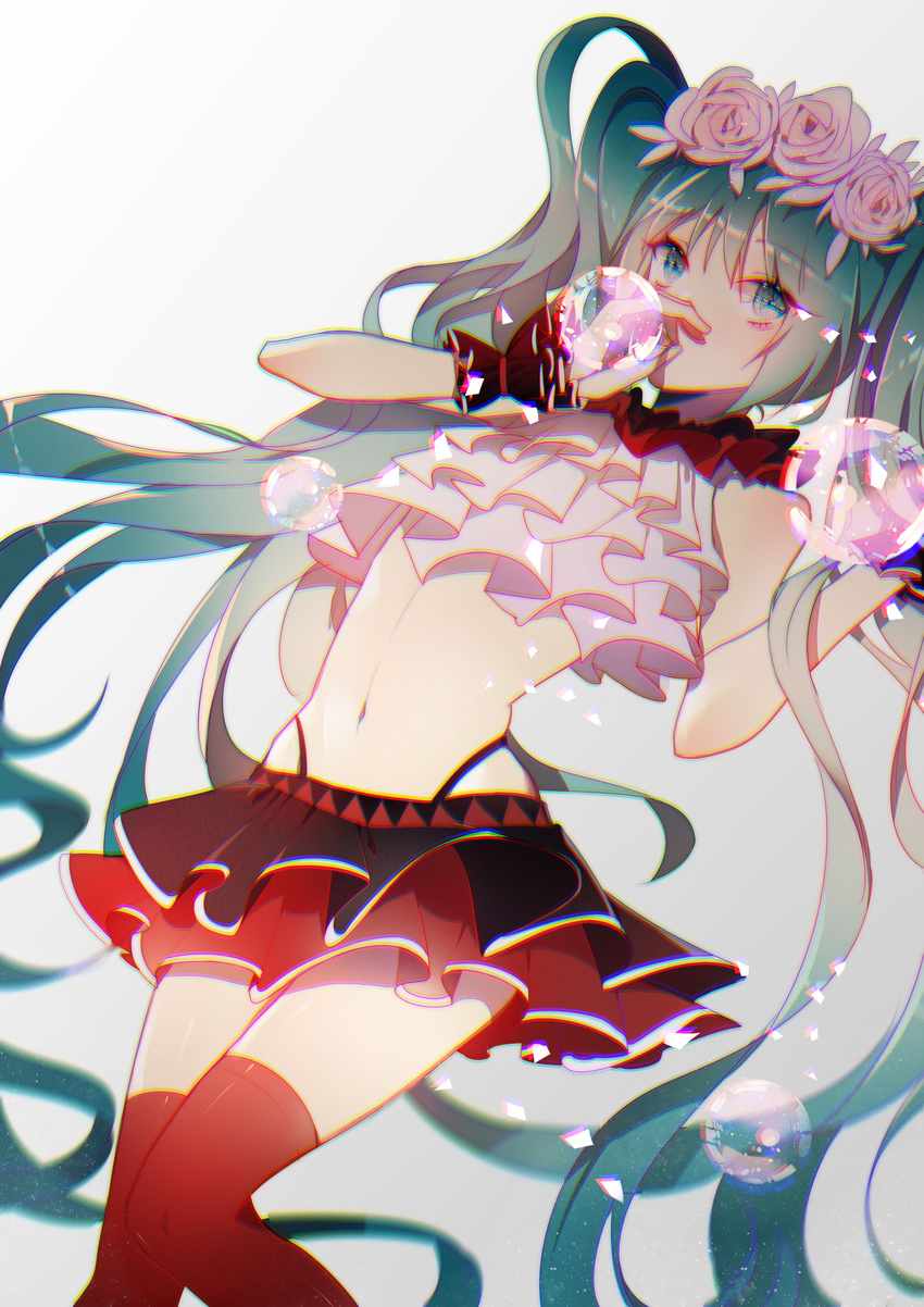 absurdres bless_you_(module) flower green_eyes green_hair hatsune_miku head_wreath highres long_hair midriff navel nisoku_hokou_(vocaloid) project_diva_(series) project_diva_f_2nd red_legwear rose skirt solo thighhighs twintails very_long_hair vocaloid white_background zhibuji_loom