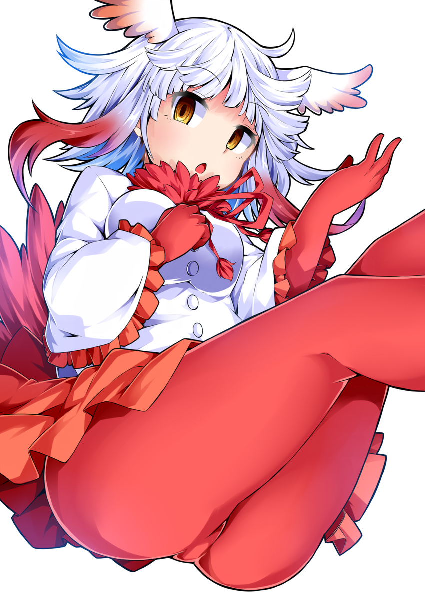 :o ass bangs blunt_bangs blush breasts brown_eyes buttons elbow_gloves eyebrows_visible_through_hair frilled_sleeves frills from_below fur_collar gloves hand_on_own_chest head_wings highres ishimu japanese_crested_ibis_(kemono_friends) kemono_friends long_hair long_sleeves looking_at_viewer looking_down medium_breasts multicolored_hair open_mouth orange_skirt pantyhose pleated_skirt red_gloves red_hair red_legwear red_ribbon ribbon shirt sidelocks silver_hair simple_background skirt solo tail tassel two-tone_hair upskirt white_background white_hair yellow_eyes