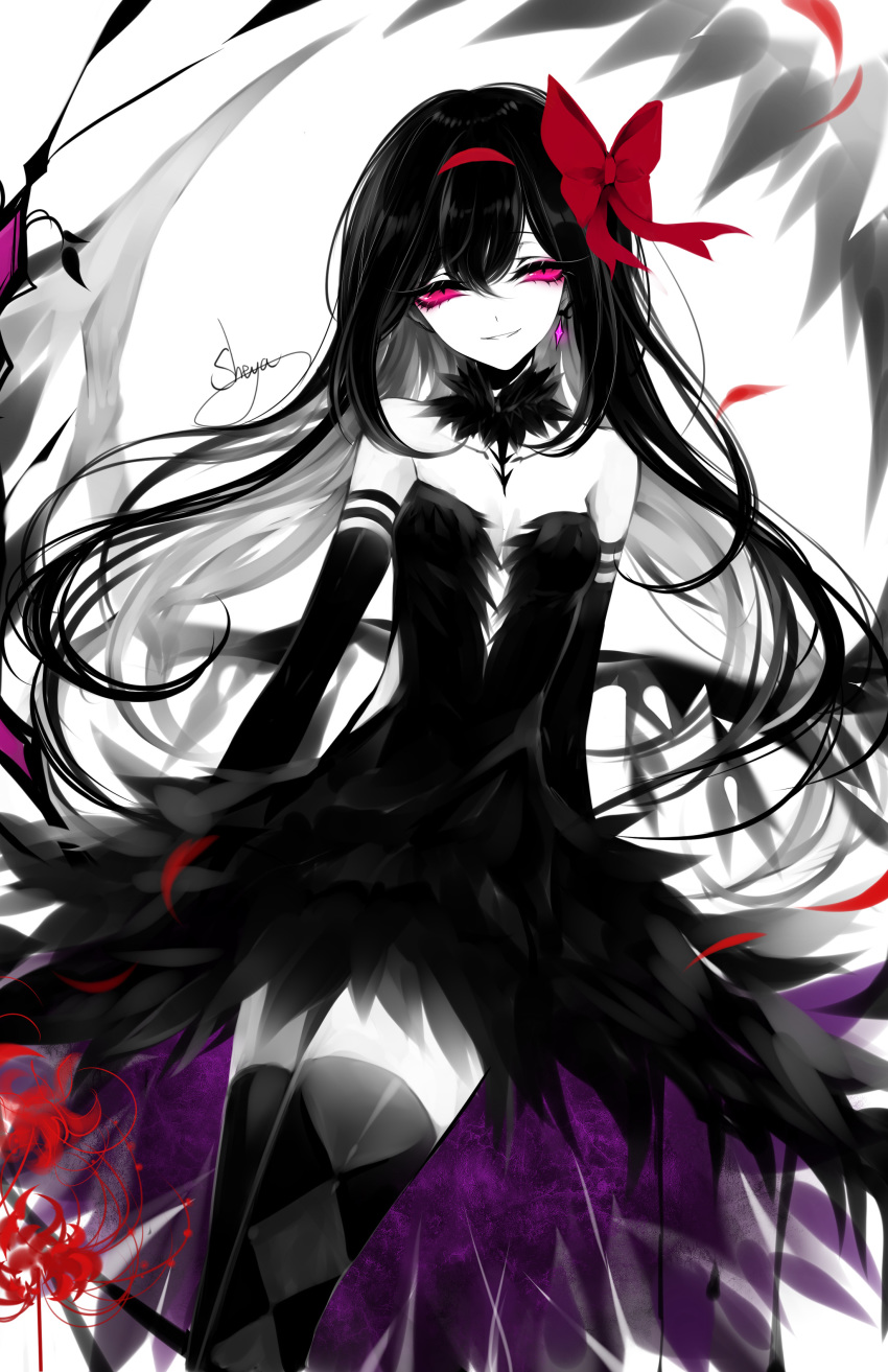 1girl absurdres akemi_homura akuma_homura artist_name bangs bare_shoulders black_collar black_dress black_gloves black_hair black_legwear bow breasts cleavage collar collarbone commentary dress earrings elbow_gloves eyelashes flower gloves grin hair_between_eyes hair_bow hairband head_tilt highres jewelry limited_palette long_hair looking_at_viewer mahou_shoujo_madoka_magica mahou_shoujo_madoka_magica_movie petals pink_eyes red_bow red_flower red_hairband sheya signature simple_background small_breasts smile solo spoilers spot_color strapless strapless_dress symbol_commentary thighhighs thighs weibo_logo weibo_username white_background zettai_ryouiki
