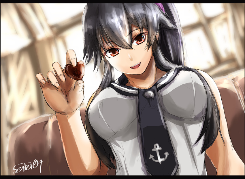 artist_name black_hair breasts chocolate chocolate_heart commentary_request feeding food gift heart highres holding holding_gift kantai_collection large_breasts long_hair looking_at_viewer necktie ponytail pov_feeding red_eyes school_uniform scrunchie seitei_(04seitei) serafuku shirt sidelocks sleeveless sleeveless_shirt smile solo valentine yahagi_(kantai_collection)