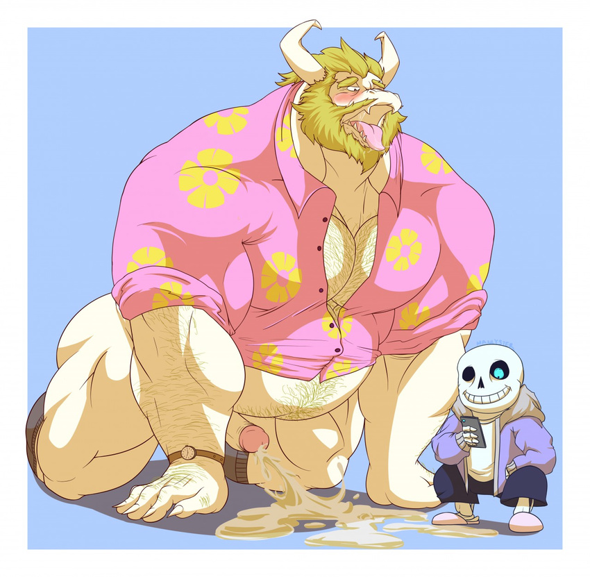 2015 animated_skeleton anthro asgore_dreemurr beard belly blonde_hair blue_background blue_eyes blush body_hair bone boss_monster bottomless caprine clothed clothing cum cum_on_ground cumshot digital_drawing_(artwork) digital_media_(artwork) duo ejaculation facial_hair fangs fur goat hair hi_res horn jacket long_ears male mammal manlyster not_furry open_mouth orgasm overweight penis sans_(undertale) simple_background skeleton tongue tongue_out undead undertale video_games watch