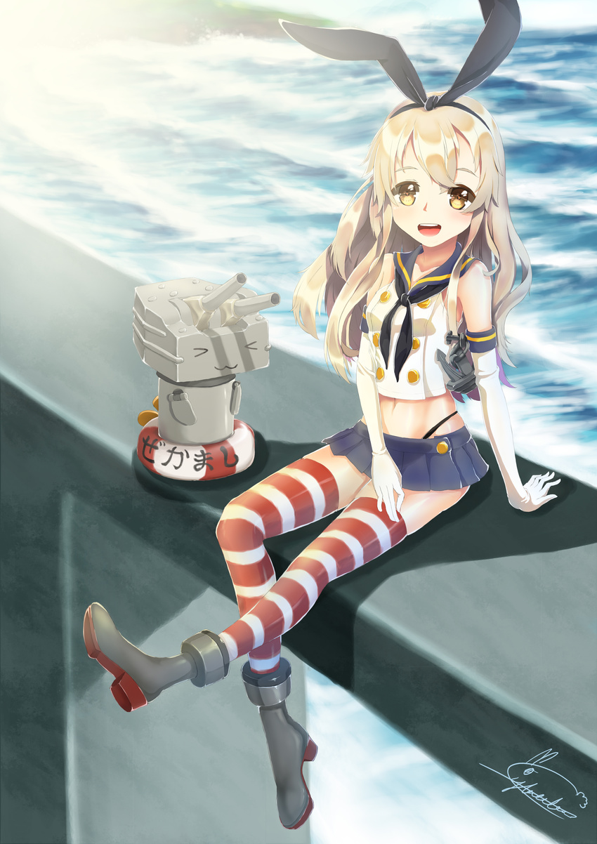 &gt;_&lt; :3 :d absurdres anchor_hair_ornament brown_eyes closed_eyes cyta_celest elbow_gloves gloves hair_ornament hairband highres kantai_collection long_hair looking_at_viewer machinery navel ocean open_mouth pleated_skirt rensouhou-chan school_uniform serafuku shade shimakaze_(kantai_collection) silver_hair sitting skirt smile striped striped_legwear thighhighs thong turret white_gloves x3 zettai_ryouiki