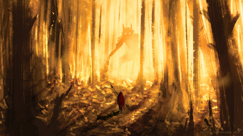 2016 absurdres anatofinnstark artist_name backlighting battle big_bad_wolf_(grimm) cloak commentary facing_away forest glowing glowing_eyes highres holding holding_spear holding_weapon hood hooded_cloak little_red_riding_hood little_red_riding_hood_(grimm) nature personification polearm red_cloak shadow silhouette size_difference spear torn_cloak torn_clothes tree_shade walking weapon wolf