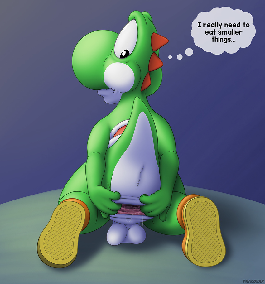 alternate_version_available ambiguous_fluids anthro anus backsack balls butt dracovar_valeford english_text gaping gaping_anus goatse kneeling looking_back male mario_bros mostly_nude nintendo raised_tail rear_view scalie solo spread_anus spreading strings text thought_bubble video_games wide_eyed yoshi