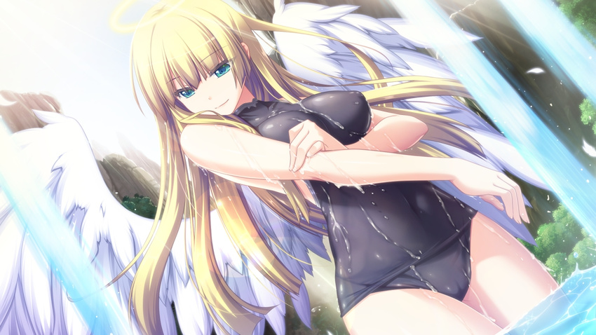 agnes_(sankai_ou_no_yubiwa) angel angel_wings aqua_eyes bangs black_school_swimsuit black_swimsuit blonde_hair breasts bush cameltoe caustics closed_mouth covered_collarbone covered_navel covered_nipples cowboy_shot day dutch_angle eyebrows_visible_through_hair feathered_wings feathers game_cg halo halterneck hime_cut hips holding_arm impossible_clothes impossible_swimsuit lens_flare light_rays long_hair medium_breasts one-piece_swimsuit outdoors rock sankai_ou_no_yubiwa school_swimsuit skin_tight smile solo standing sunbeam sunlight swimsuit tree turtleneck wading water waterfall wet wet_clothes white_wings wings yakuri
