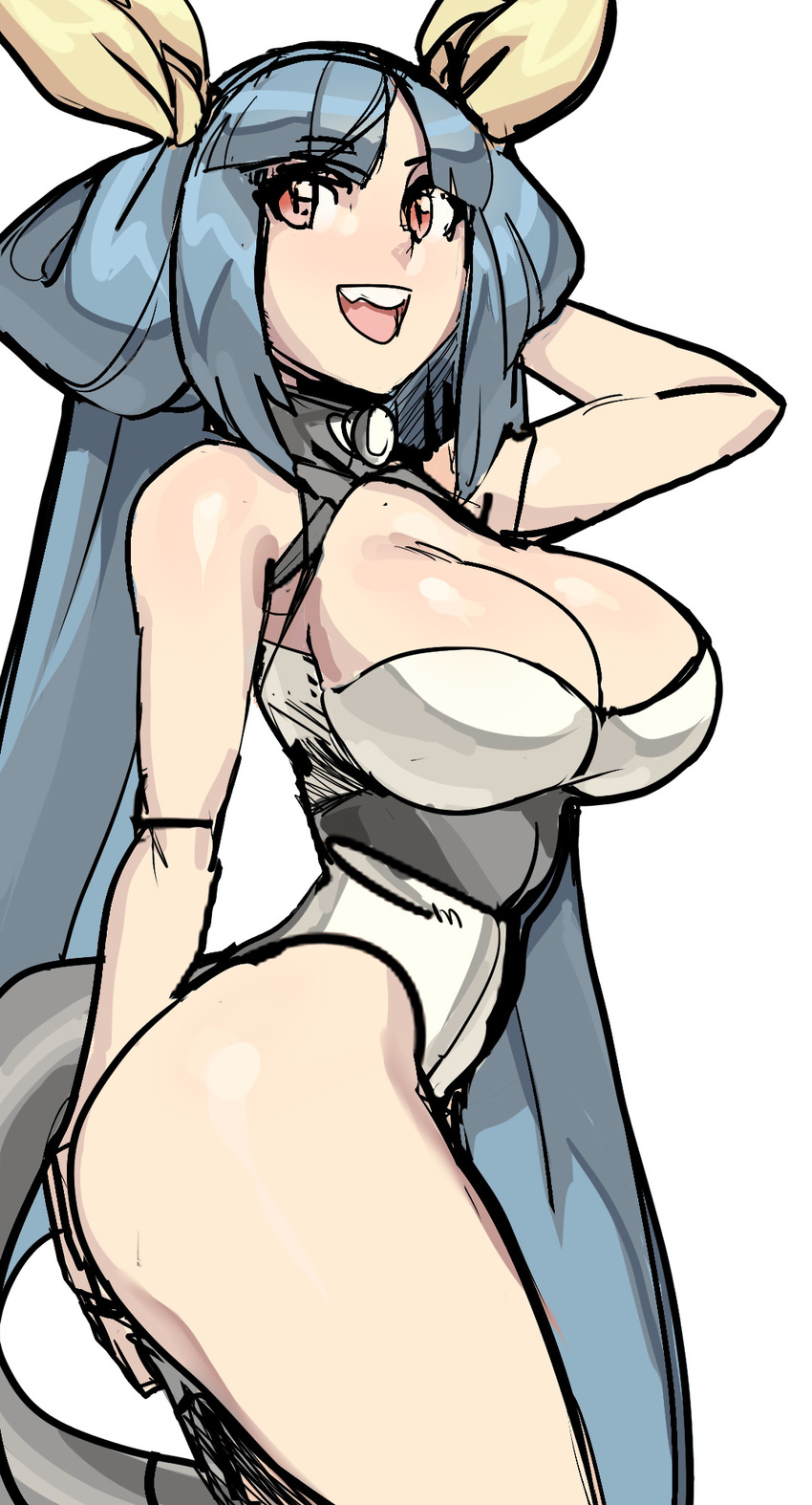 alternate_costume bangs blue_hair breasts cleavage dizzy eyebrows_visible_through_hair guilty_gear hair_rings half_updo hand_in_hair highres large_breasts leotard long_hair maniacpaint no_wings red_eyes solo tail thighs twintails very_long_hair