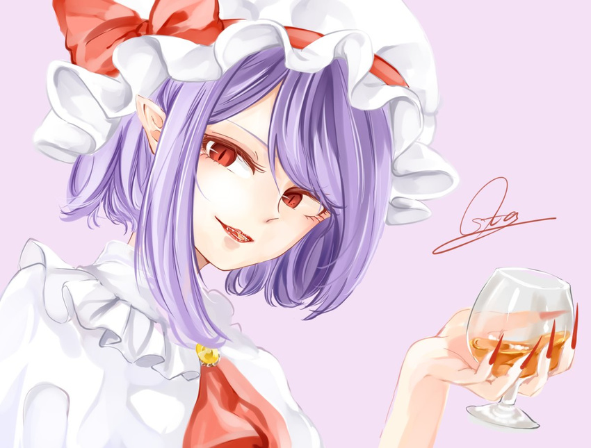 alcohol bangs bow cravat cup cupping_glass drinking_glass eyelashes fangs fingernails frilled_shirt_collar frills hair_between_eyes hat hat_bow head_tilt holding holding_cup lavender_background lavender_hair lipstick makeup mascara mob_cap nail_polish open_mouth pointy_ears red_bow red_eyes red_lips red_lipstick red_nails remilia_scarlet sharp_fingernails shirt short_hair short_sleeves sidelocks signature simple_background slit_pupils smile solo souta_(karasu_no_ouchi) tongue touhou vampire white_hat white_shirt wine_glass