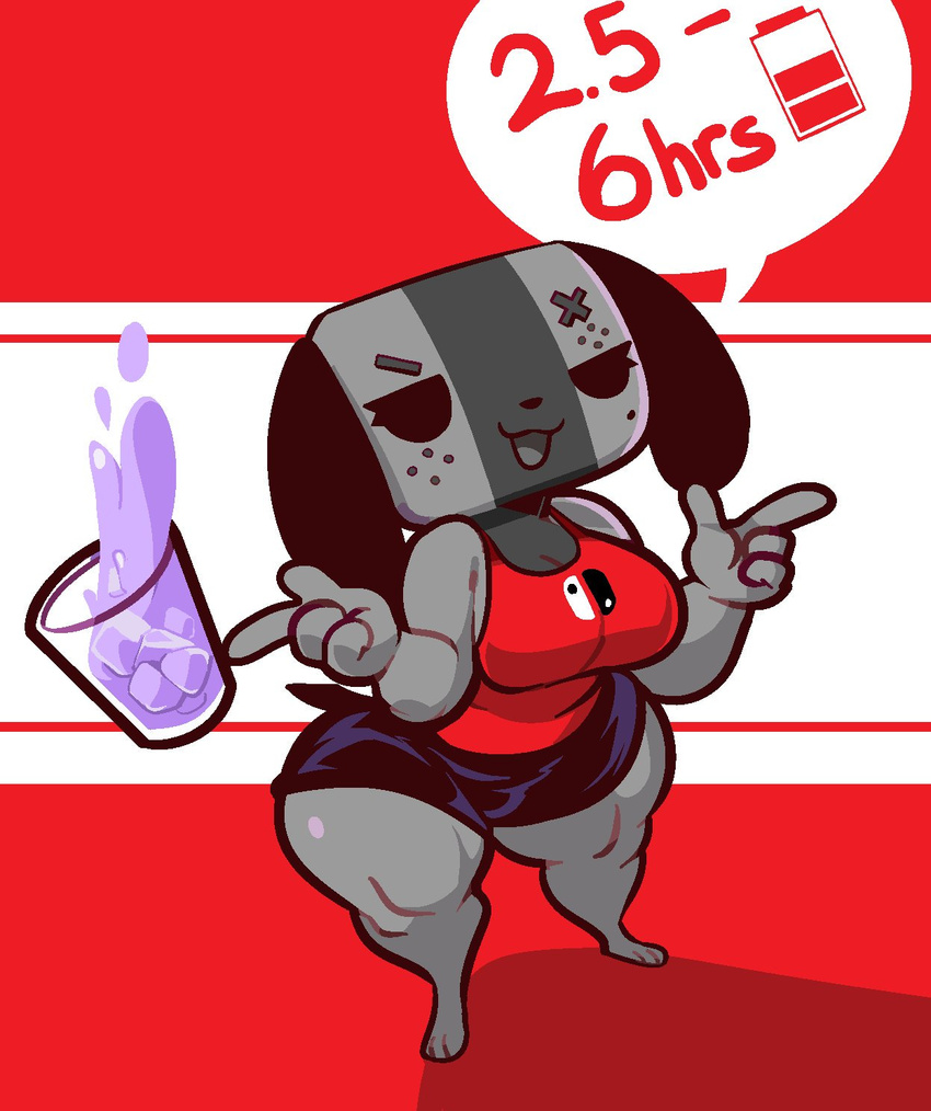 anthro big_breasts breasts clothing console female glass liquid looking_at_viewer nintendo nintendo_switch open_mouth switch_dog text unknown_artist video_games