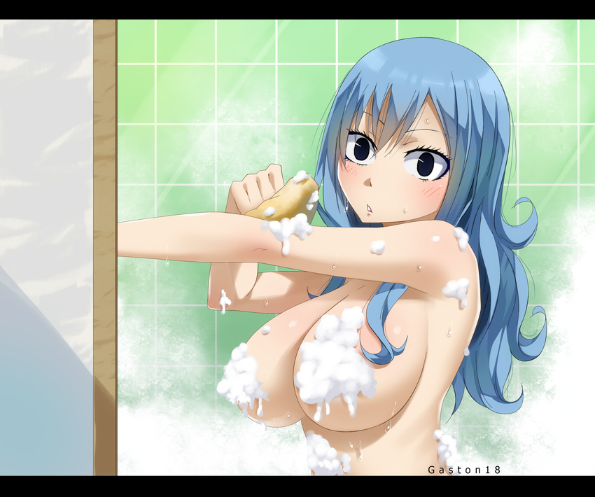 1girl bath blue_hair breasts convenient_censoring fairy_tail gaston18 juvia_loxar large_breasts soap solo suds